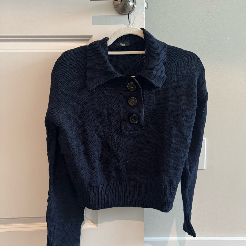Rails Collared Collar Polo Cropped Navy Sweater with Button Detail